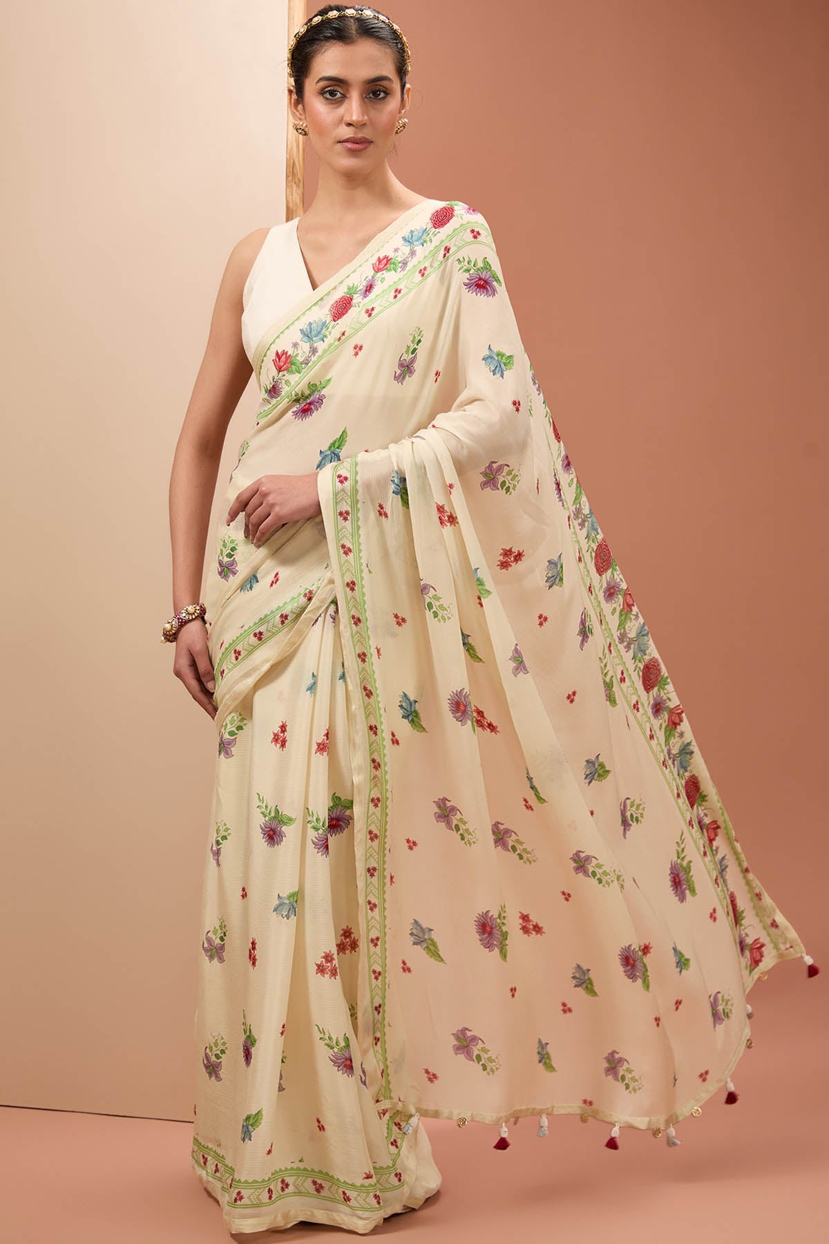 Designer Neha Khullar Printed Ivory Saree & Blouse for Women Online